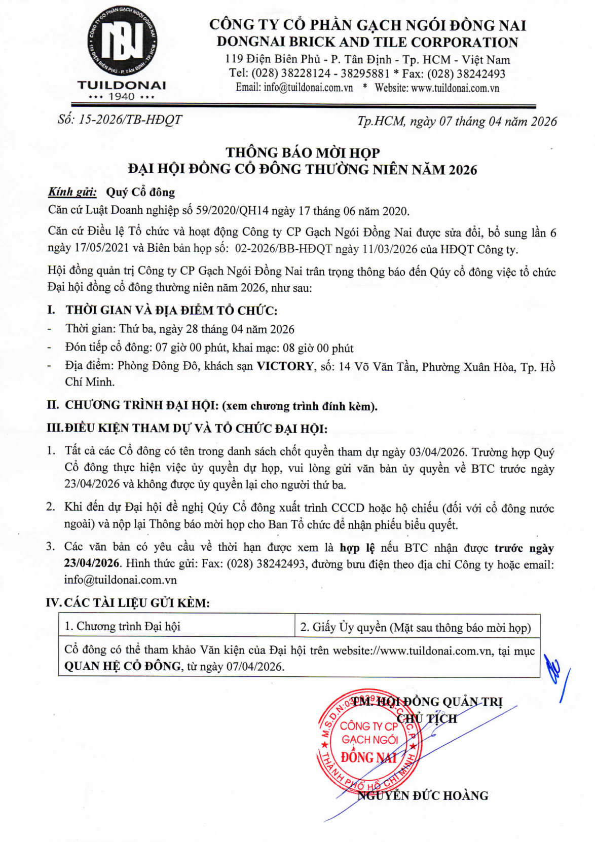 Th&ocirc;ng b&aacute;o mời họp đại hội đồng cổ đ&ocirc;ng thường ni&ecirc;n năm 2026